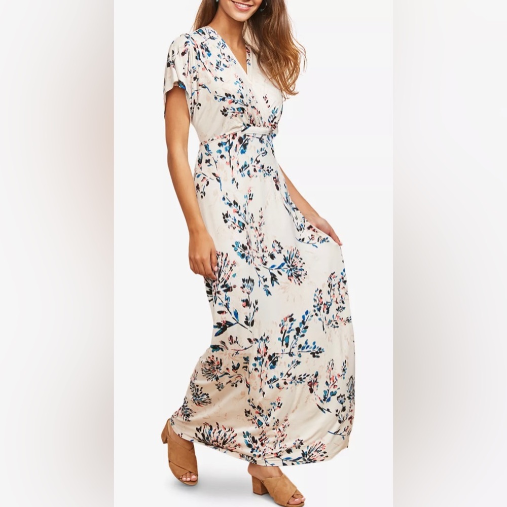 Motherhood Maternity Nursing Jersey Knit Floral Faux Wrap Tie Waist Maxi Dress